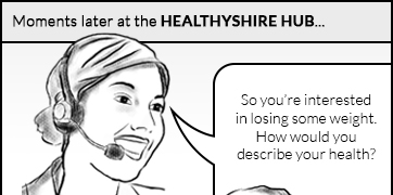 Moments later at the Healthyshire Hub: a caseload worker asks the patient how they'd describe their health
