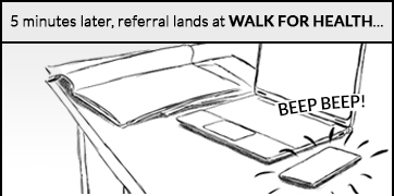 5 minutes later, referral lands at Walk for Health: a notification goes off on a mobile device