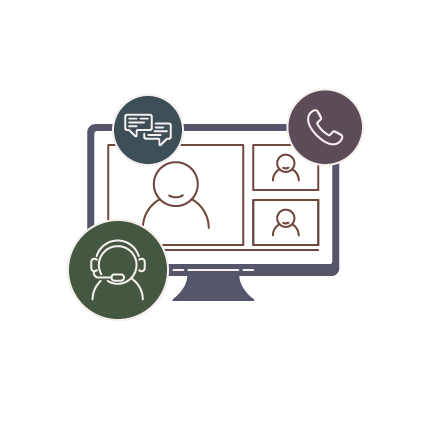Illustration of a computer monitor surrounded by icons showing different forms of communication - text messages, phone, webinar