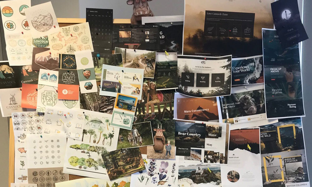 Pinboard covered in print outs of various design ideas and inspiration including icons, other websites, nature photography