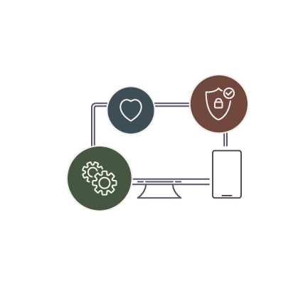 Illustration of a computer monitor with icons surrounding it showing a heart, cogs and a security shield