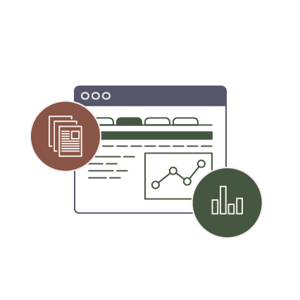 Illustration showing a dashboard with a graph and icons showing various types of reports