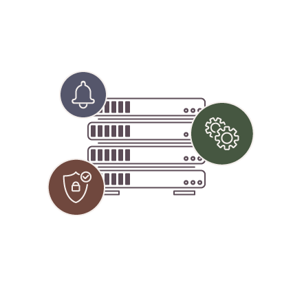 Illustration of a server rack, with icons around it denoting security