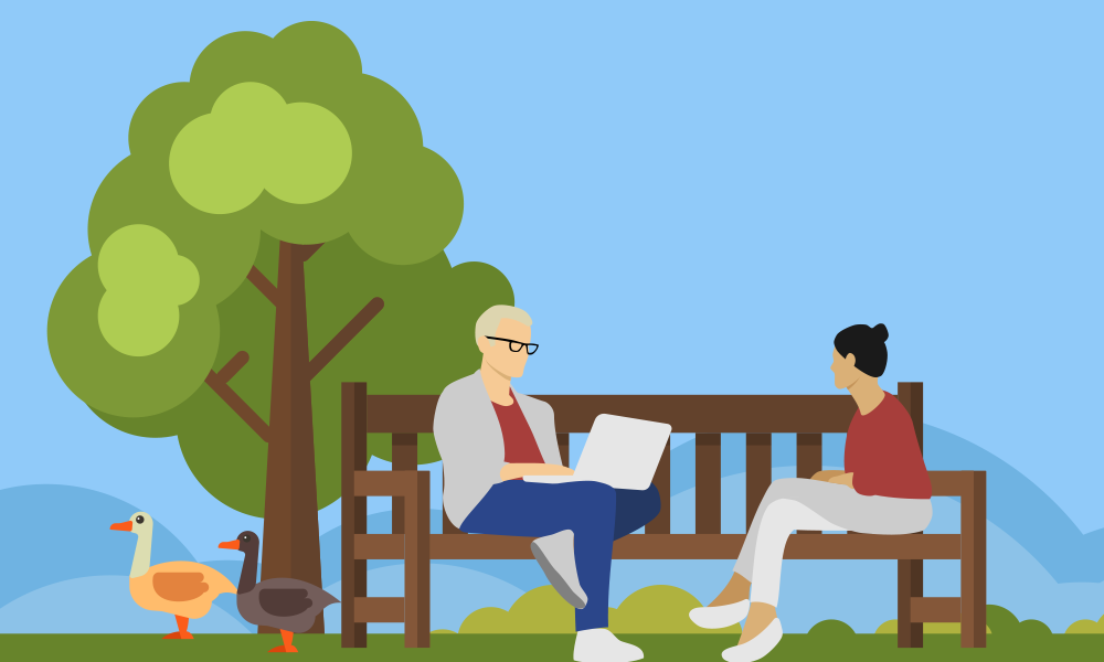 Illustration showing a consultation taking place between a man on a laptop and a woman, both sitting on a bench