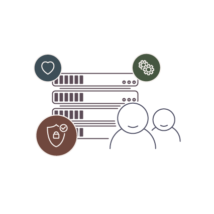 Illustration of a server rack, with icons and two developers around it