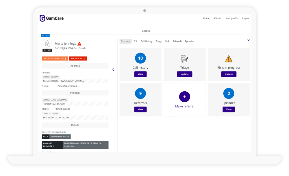 Image of Theseus user interface for gambling caseload management