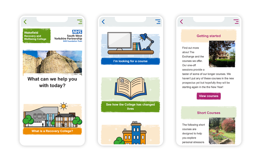 Screenshots of health and wellbeing support smartphone interfaces