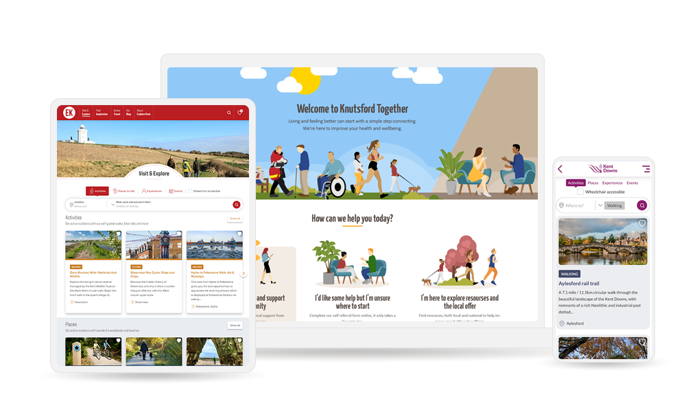 Illustration of three device screens showing screenshots from Cyber Media work; Explore Kent, Knutsford Together and Kent Downs