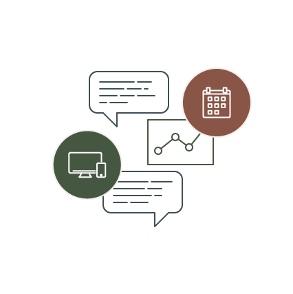 Chat bubbles, line chart, surrounded by icons