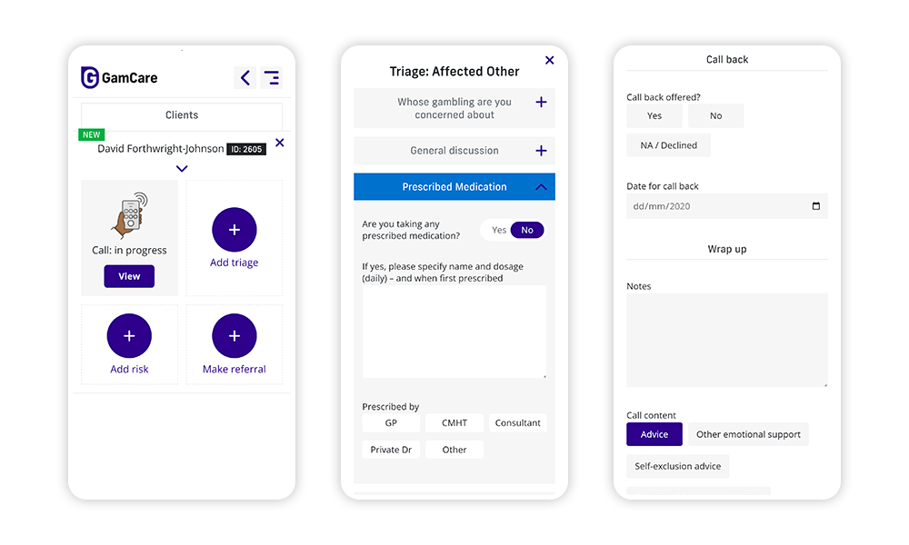 Image of Theseus caseload management interfaces for gambling helpline operatives