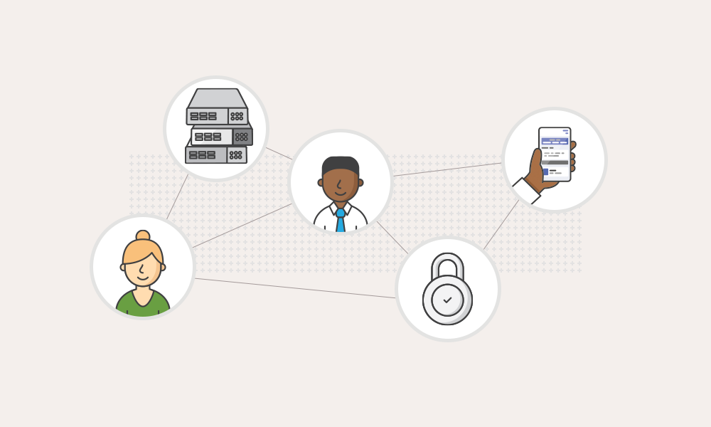 Illustrated diagram showing interconnected web of a padlock, a server rack, users, developers and a hand holding a device