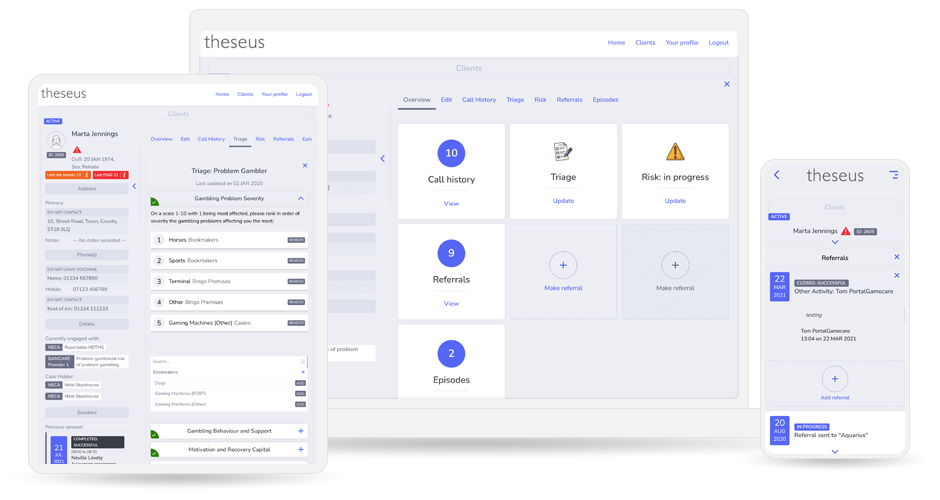 Theseus Helpline Multiple Device screenshots, tablet, laptop and iPhone