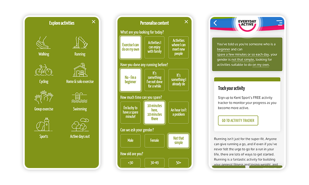 Image of Everyday Active's behaviour change questions and filter