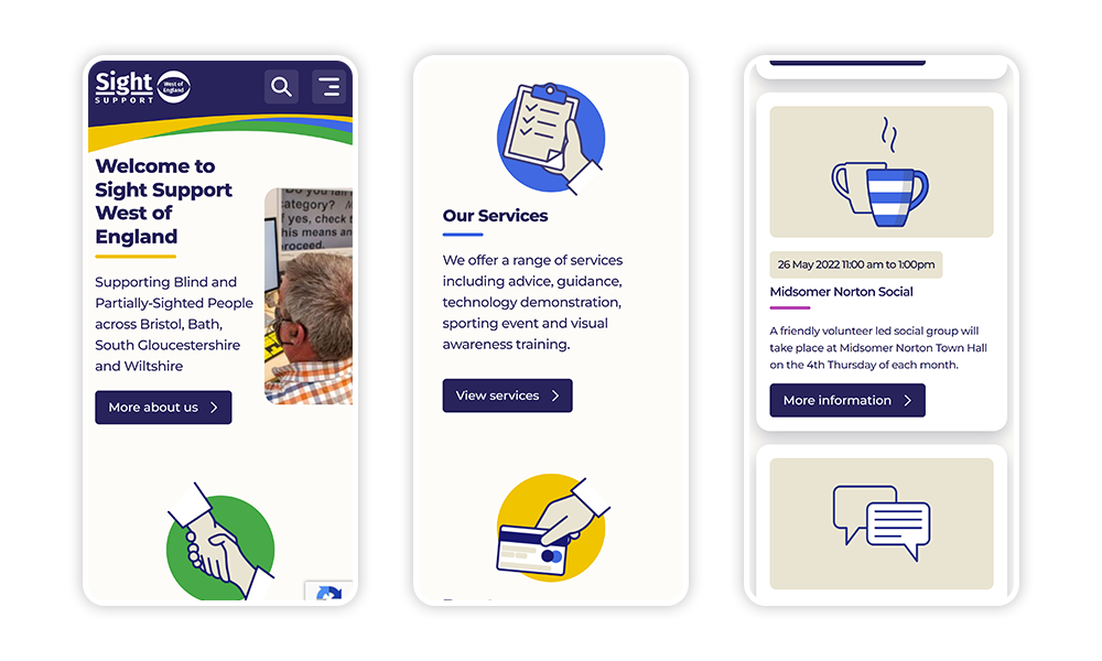 Image of Sight Support website interfaces at a mobile viewpoint