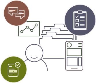 Illustration showing a user, device and folder surrounded by icons depicting communication and checklists