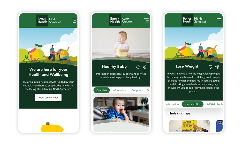 Screenshots of the Better Health North Somerset public health engagement website