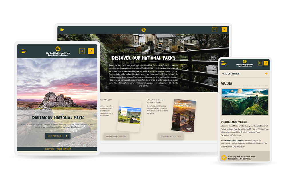 Image of English National Parks web platform shown on a variety of devices