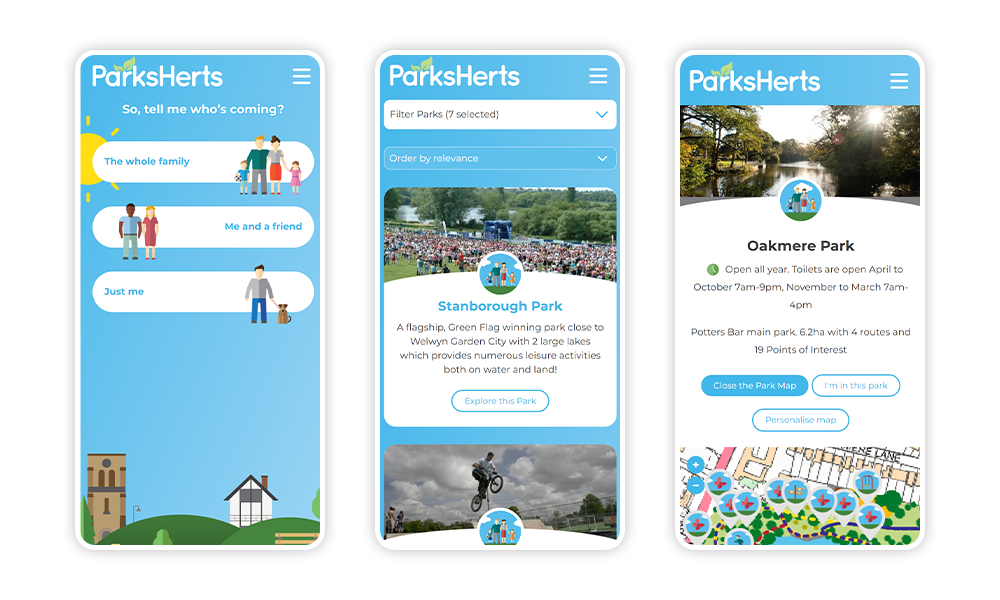 Images of ParksHerts parks directory website user journey