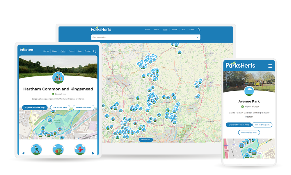 Images of ParksHerts parks directory website mapping features on different devices