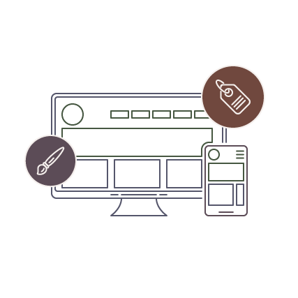 Illustration of a computer monitor and device showing wireframe layouts of a new design
