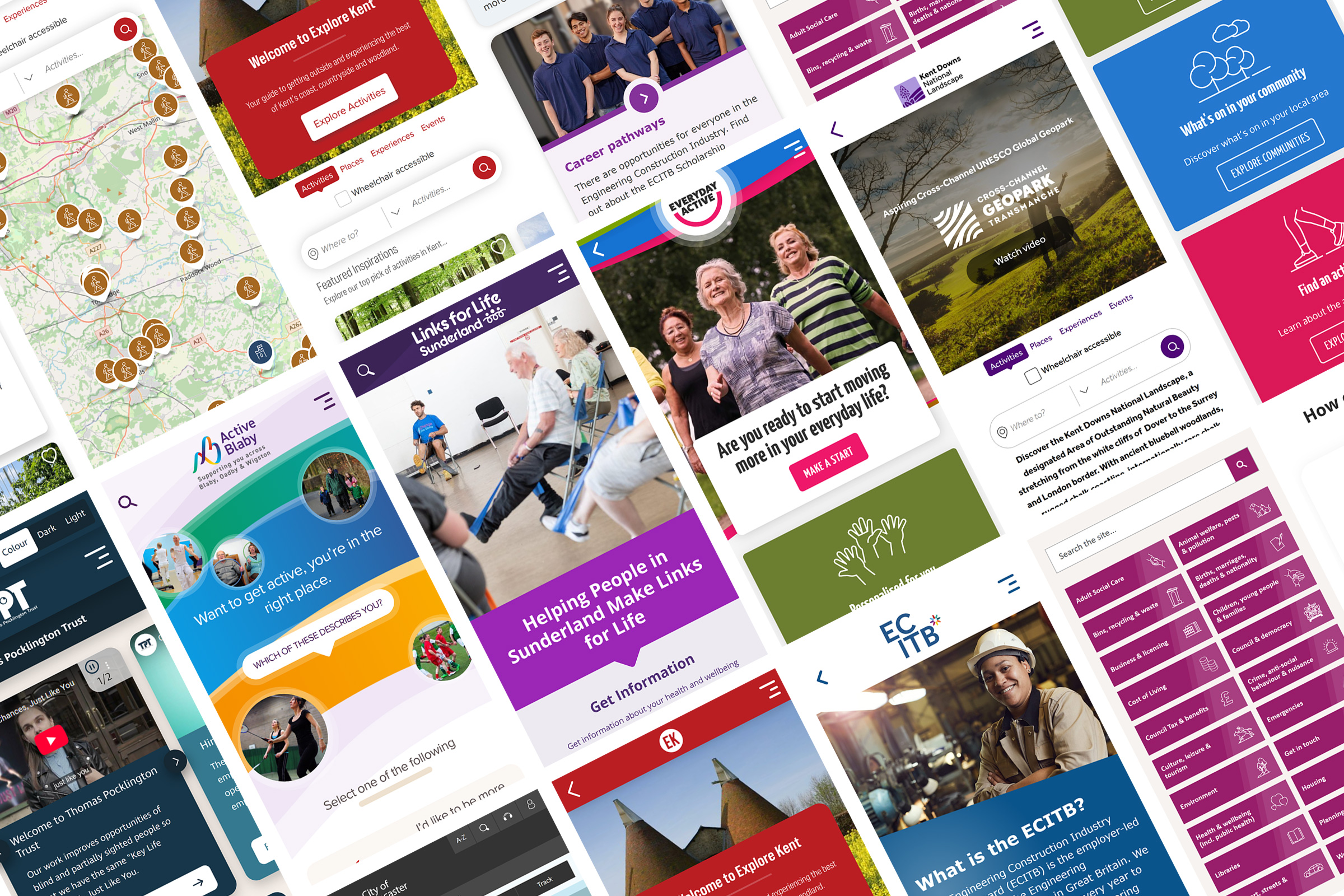 Multiple mobile screens showing websites designed by cyber media